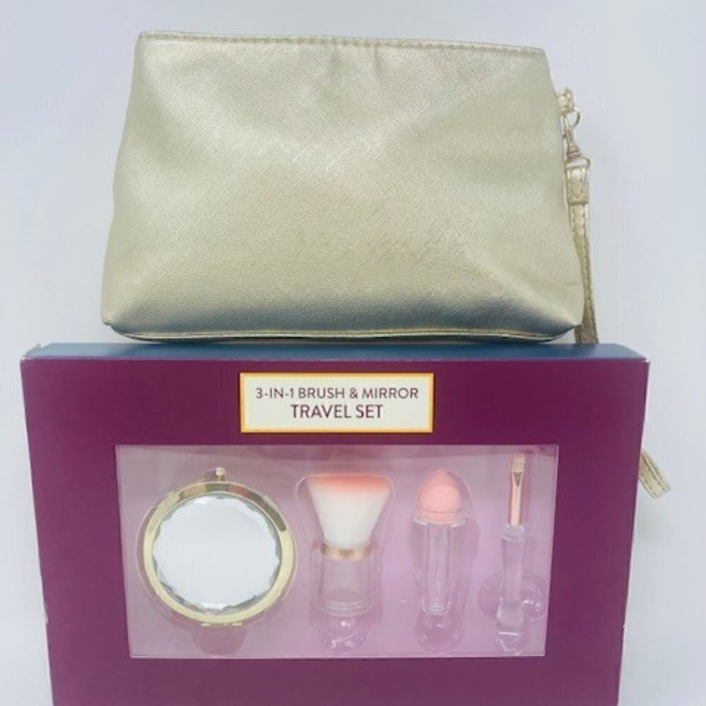 Gold metallic cosmetic bag with compact mirror and 3 in 1 brush set